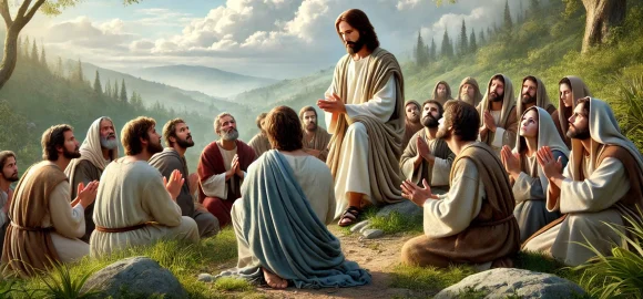 DALL·E-2024-06-19-13.13.14-A-photorealistic-image-of-1792x1024-pixels-with-quality-comparable-to-a-Canon-EOS-camera-depicting-Jesus-teaching-His-disciples-how-to-pray.-Jesus-i EVANGELIO DE CADA DÍA